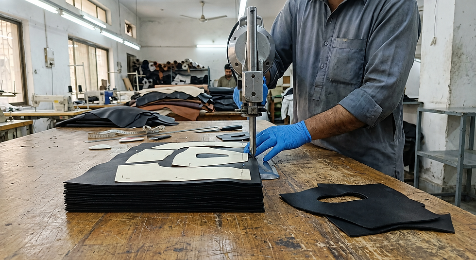 Worker cutting stacked black boxing headgear components from prepared patterns