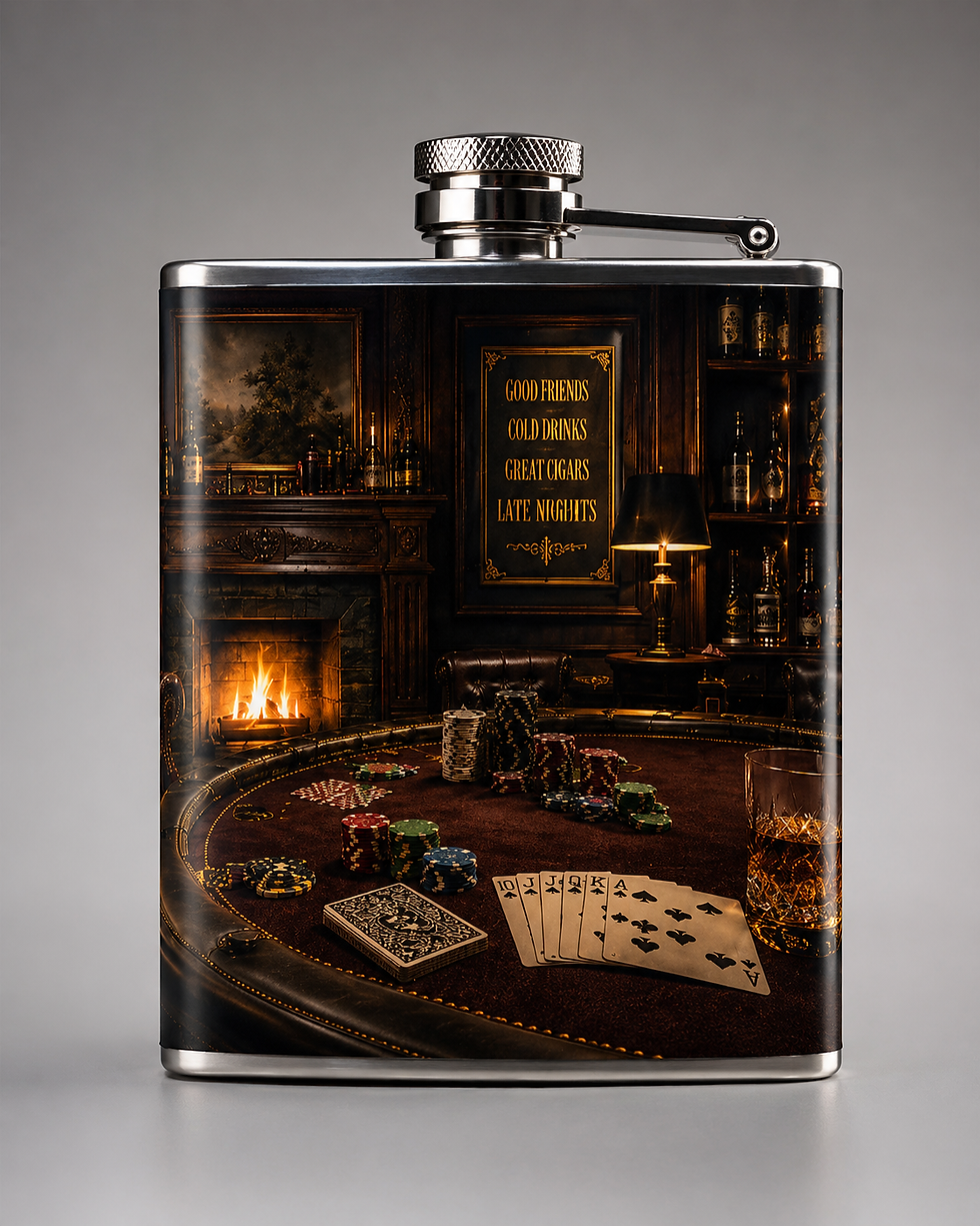 Back of Whiskey & Cigar Lounge Flask with coordinating lounge-style artwork.