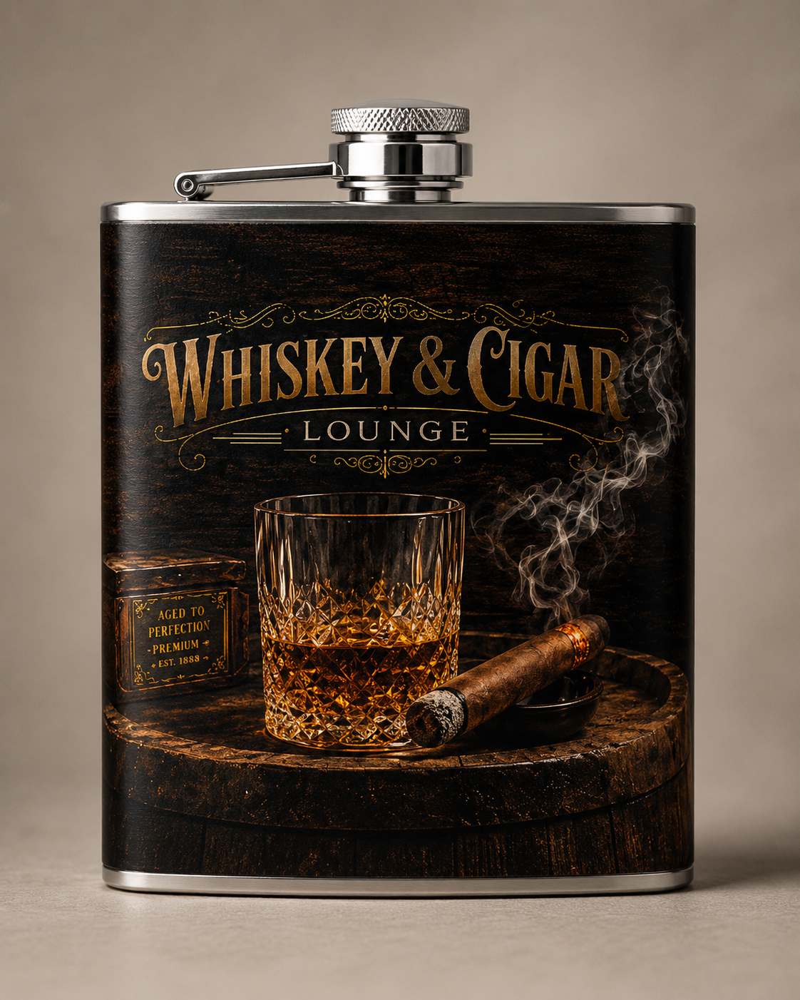 Black Whiskey & Cigar Lounge Flask with whiskey glass, cigar, poker, and lounge-inspired artwork.