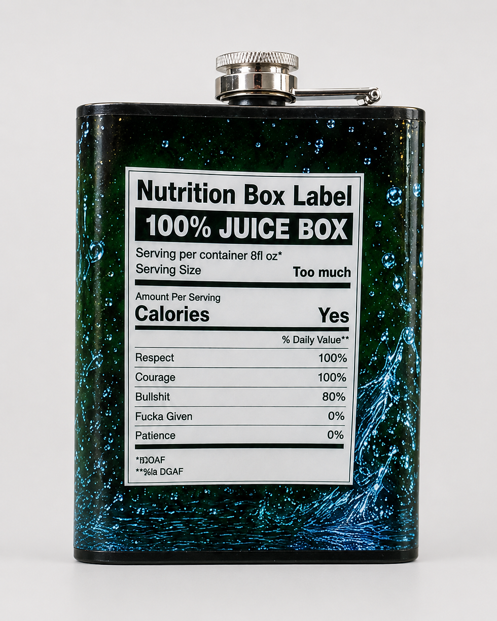Back of Juice Box Flask with coordinating colorful fruit drink-inspired design.