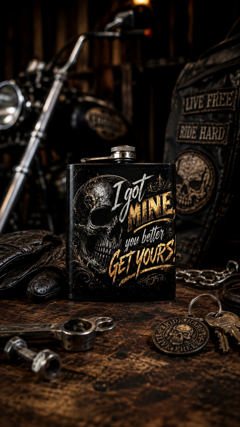 Funny custom 8oz I See You Lookin’ flask featuring bold skull artwork and a playful party-style design.