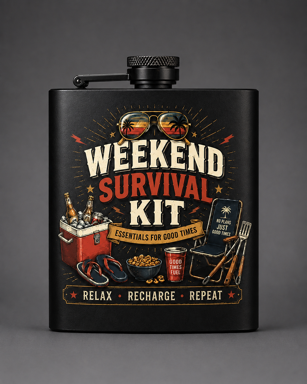 Black 8 oz Weekend Survival Kit Flask with bold weekend-themed novelty artwork.