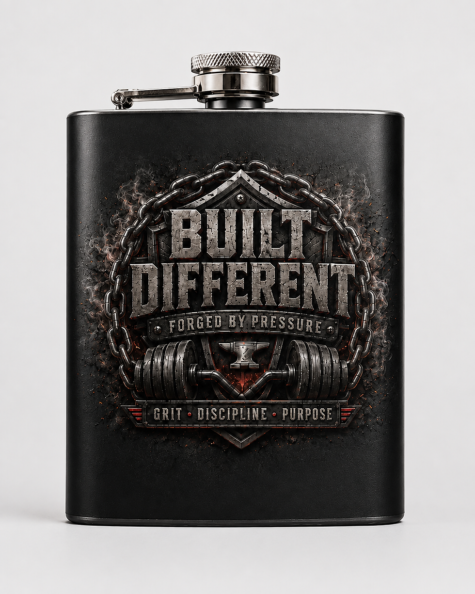 Black Built Different Flask with gold “Forged by Pressure” motivational artwork.