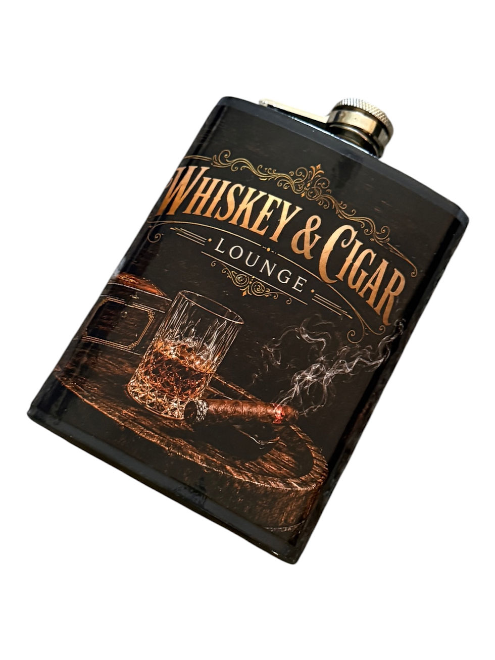 Custom 8oz whiskey and cigar flask featuring a lounge-style design with whiskey glass, cigar smoke, poker chips, and playing