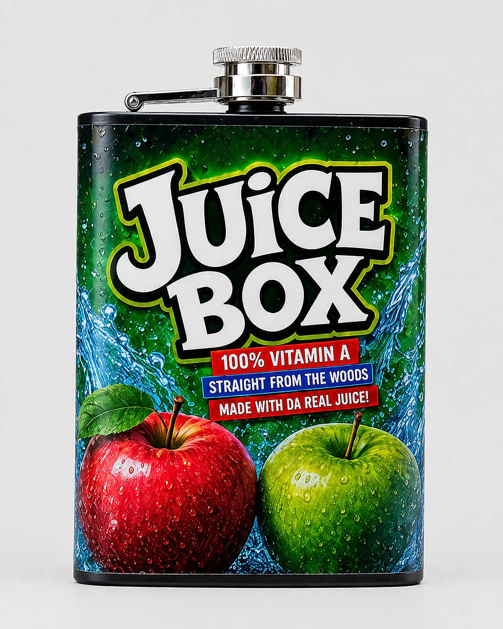 Colorful Juice Box Flask with playful fruit drink-inspired artwork.
