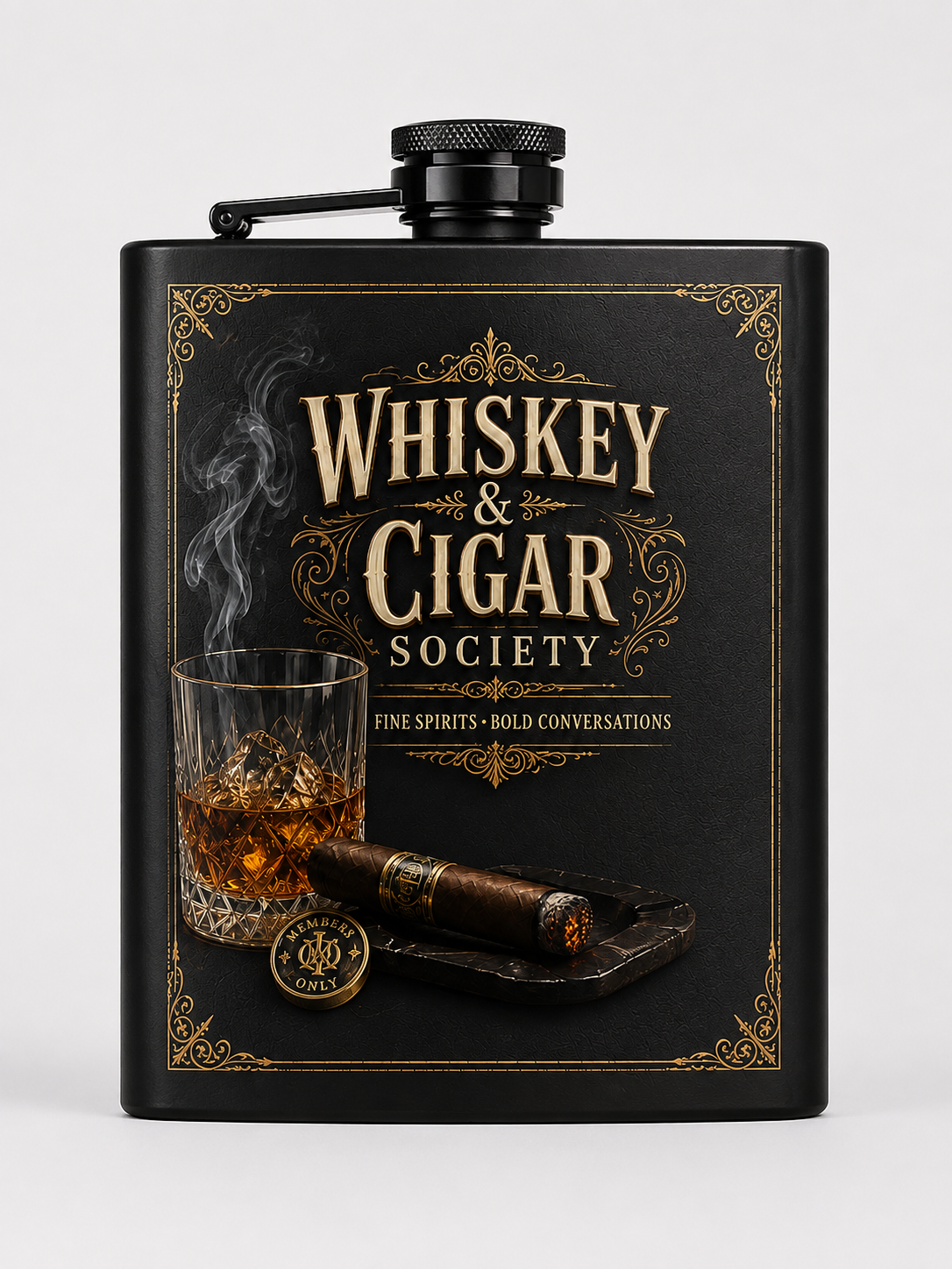 Black 8 oz Whiskey & Cigar Society Flask with black-and-gold whiskey glass, cigar, and vintage crest artwork.