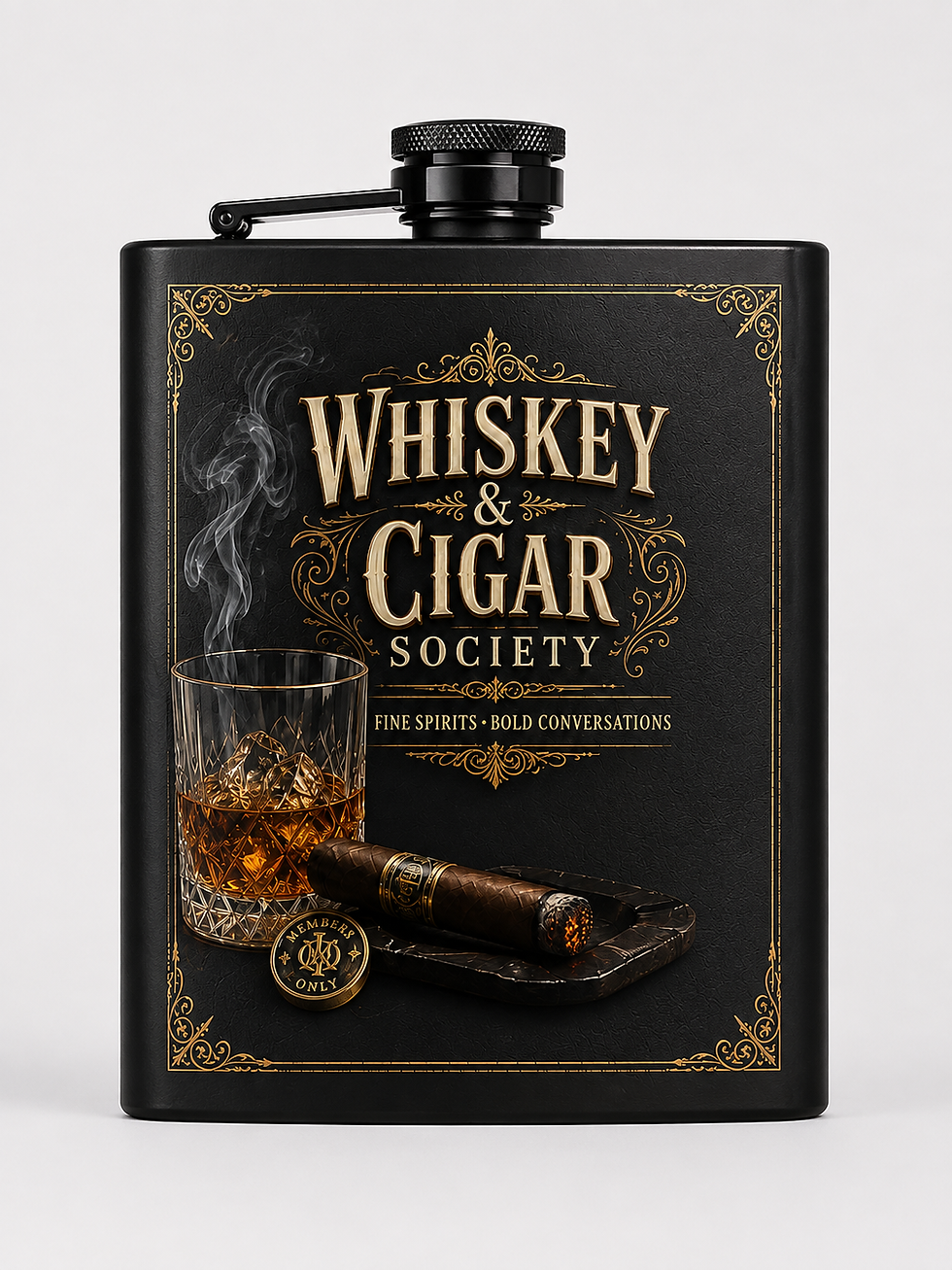 Black 8 oz Whiskey & Cigar Society Flask with black-and-gold whiskey glass, cigar, and vintage crest artwork.