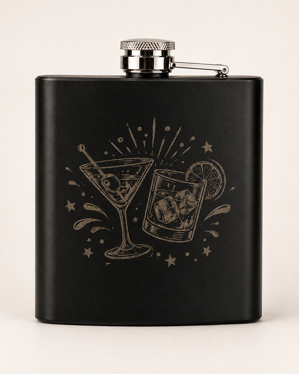 Back of Sips Happen Flask with coordinating playful beverage-themed artwork.