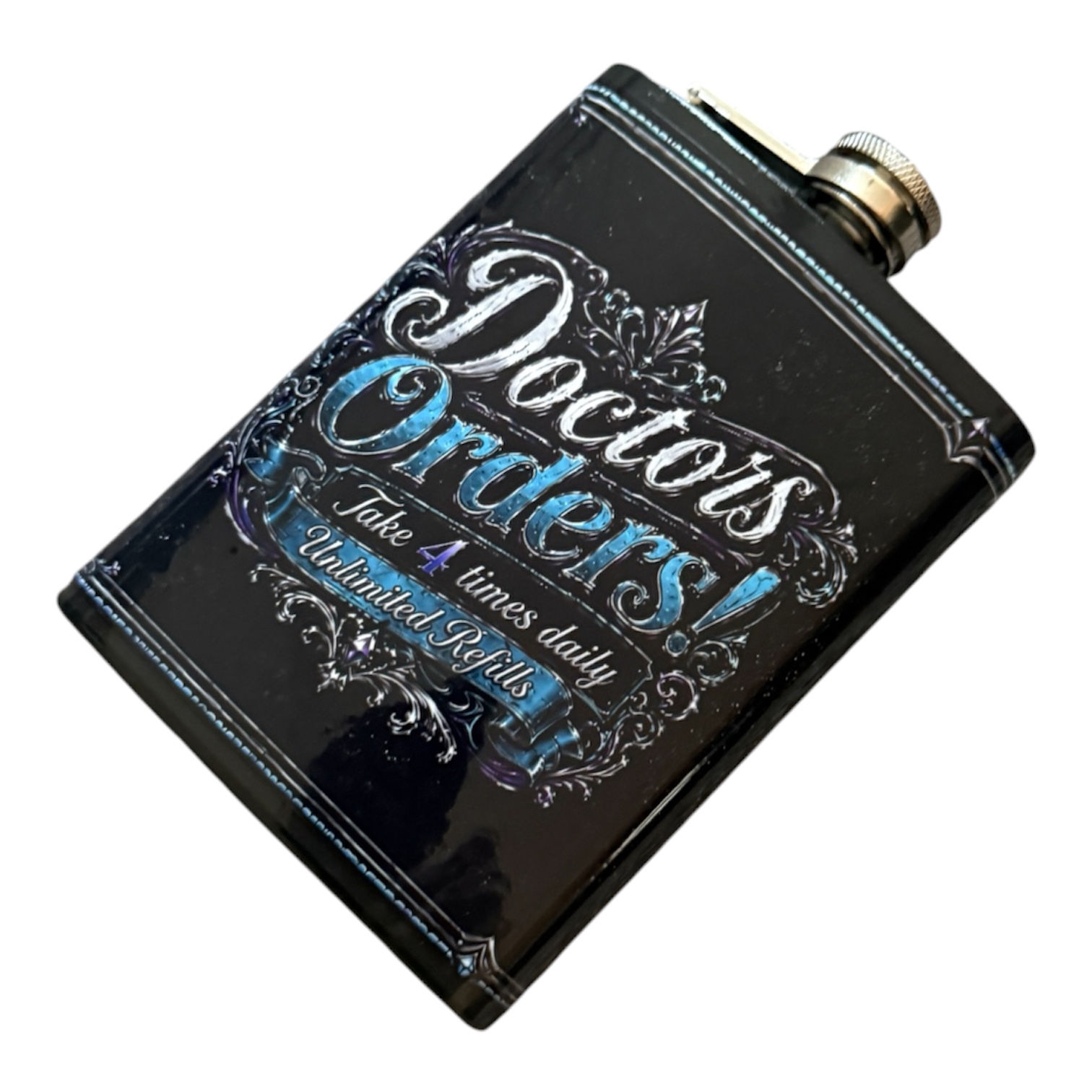 Funny custom Doctor’s Orders 8oz flask featuring a playful prescription-style design, perfect for parties and gifts