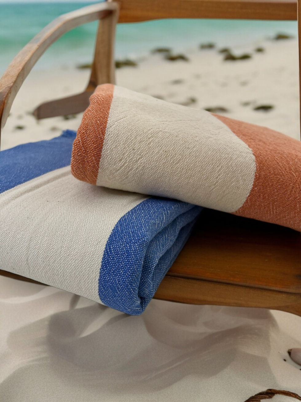 Thumbnail: Cabana style blue stripe 100% cotton handwoven Smyrna beach and bath towel. L...