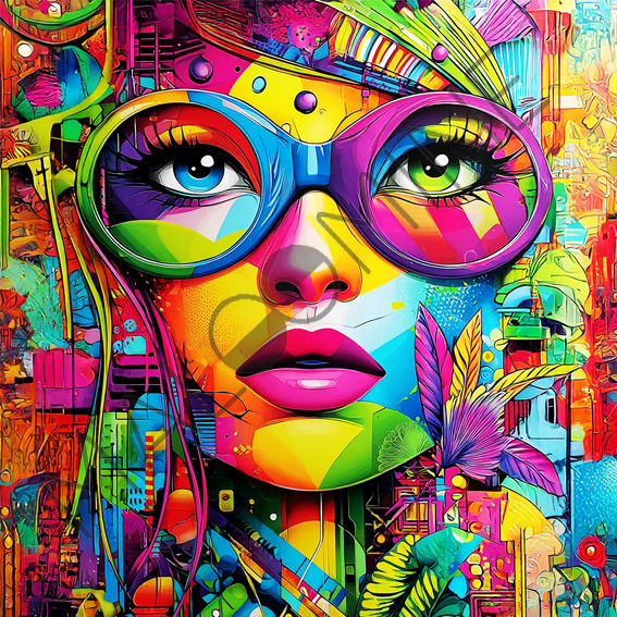 Coupon de tissu imprimé pop-art, visage féminin stylisé avec grandes lunettes rondes multicolores, lèvres roses vives et moti