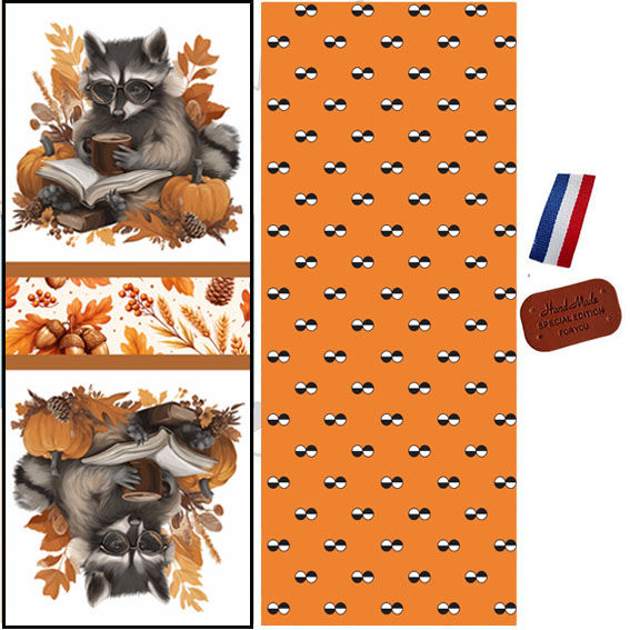 Coupon tissu pochette livre raton laveur lecteur motif automne prêt à découper