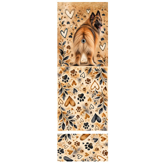 Coupon sac à crottes Berger Belge Tervueren en tissu anti-tache, chien fauve au masque noir sur fond beige avec cœurs, pattes