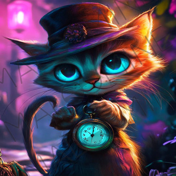 Coupon créatif à coudre. Un chat mystérieux et sa montre à gousset....