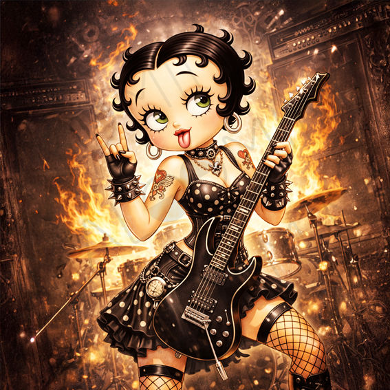 Coupon de tissu pin-up rock jouant de la guitare électrique sur scène avec flammes et style rock’n’roll