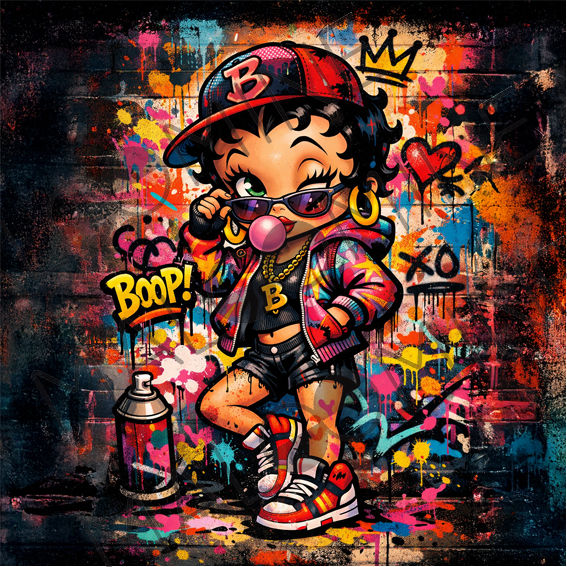 Coupon de tissu pop art graffiti avec pin-up cartoon moderne, casquette et spray de peinture sur mur street art coloré