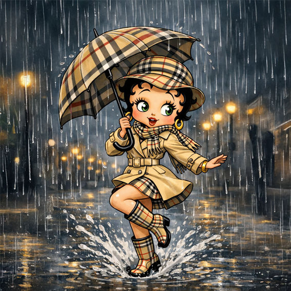 Coupon de tissu pin-up rétro dansant sous la pluie avec parapluie à carreaux et trench élégant