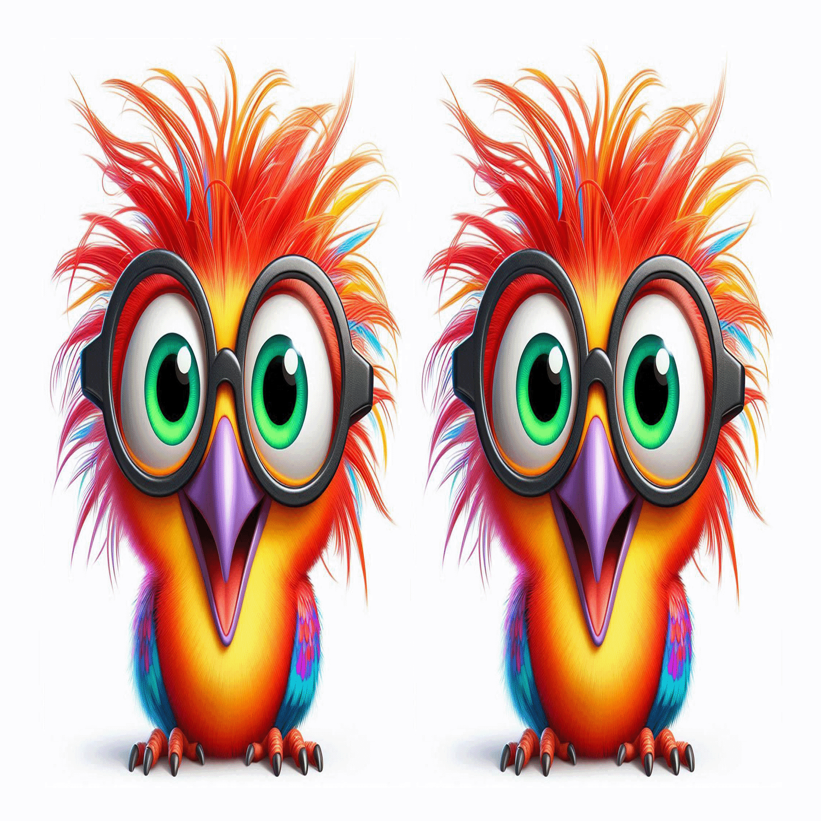 Coupon pour étui à lunettes illustré d’un hibou rigolo aux plumes multicolores et aux grands yeux verts, portant des lunettes