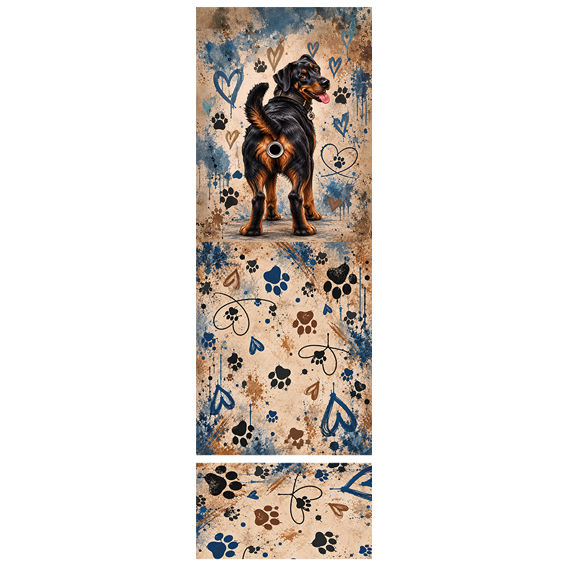 Coupon prêt à coudre pour sac à crottes Beauceron, motif chien noir et feu avec pattes et cœurs sur fond beige et bleu.