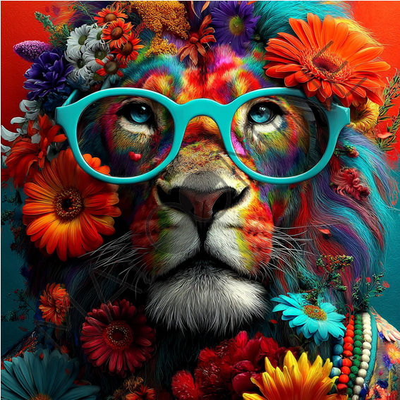 Coupon de tissu pop-art représentant un lion multicolore avec lunettes turquoise, entouré de fleurs vives rouges, orange, ble