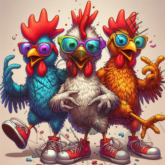 Motif de tissu illustrant trois poulets stylés avec baskets rouges, lunettes de soleil et poses dynamique style cartoon