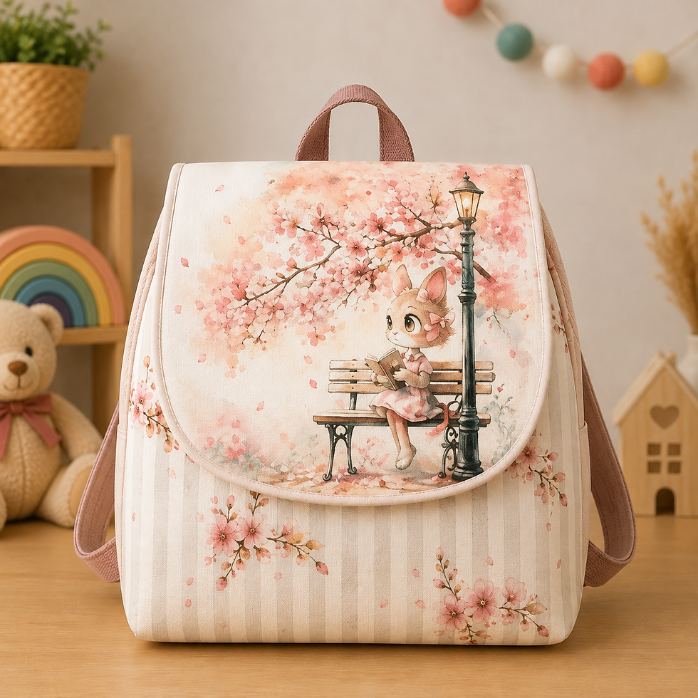 Sac à dos maternelle avec petit chat lecteur sous les cerisiers en fleurs, tons rose poudré et crème.