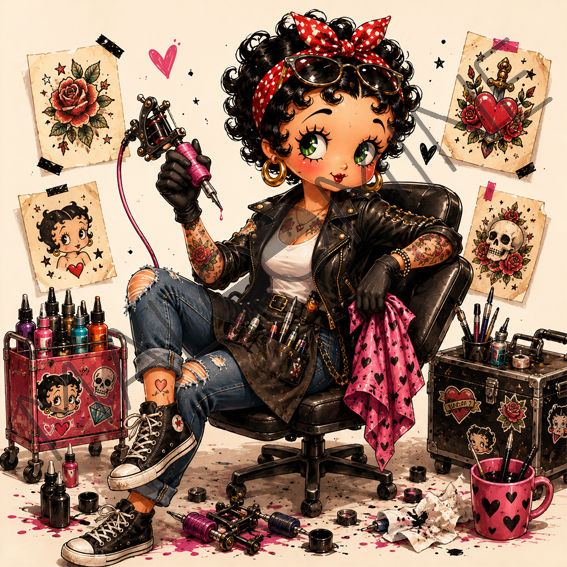 Coupon tissu illustré représentant Lola Belle tatoueuse assise dans son atelier de tatouage, entourée d'encres, de roses et d