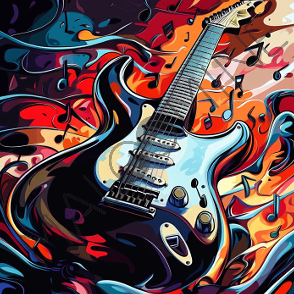 Illustration dynamique d’une guitare électrique entourée de flammes et de notes de musique, dans un style pop art coloré et v