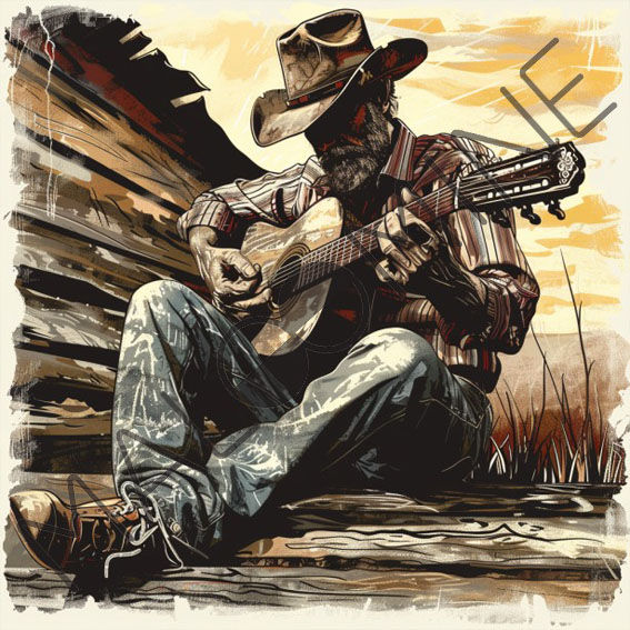 Coupon de tissu représentant un cowboy assis, chapeau et guitare, sur fond rustique aux couleurs sépia