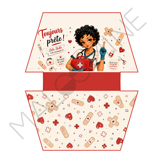 Coupon prêt à découper pour trousse de secours en simili cuir avec illustration d'une infirmière Lola Belle tenant une trouss