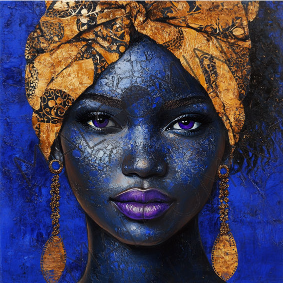 Coupon tissu imprimé portrait femme africaine bleue avec turban doré et bijoux.