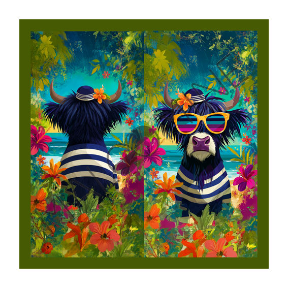Coupon de tissu prêt à découper étui lunettes assorti au cabas de plage avec vache écossaise tropicale et marinière