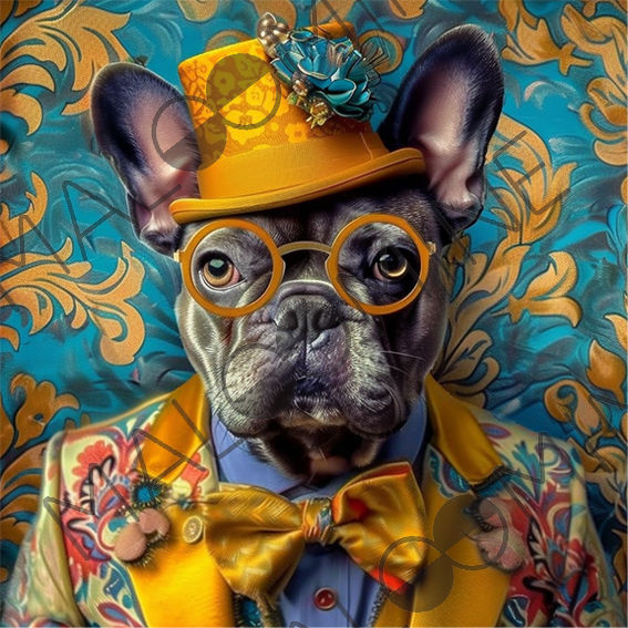 Coupon de tissu imprimé avec illustration d’un bouledogue français élégant portant chapeau jaune, lunettes rondes et costume