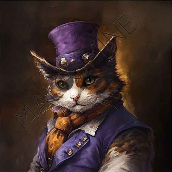 Coupon de tissu imprimé avec illustration d’un chat en costume steampunk violet et foulard, style victorien