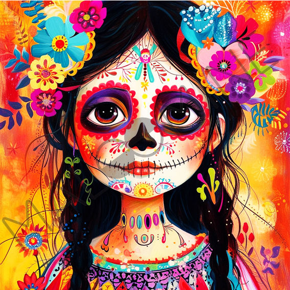 Coupon de tissu Catrina colorée avec fleurs et maquillage Dia de los Muertos sur fond orange vif