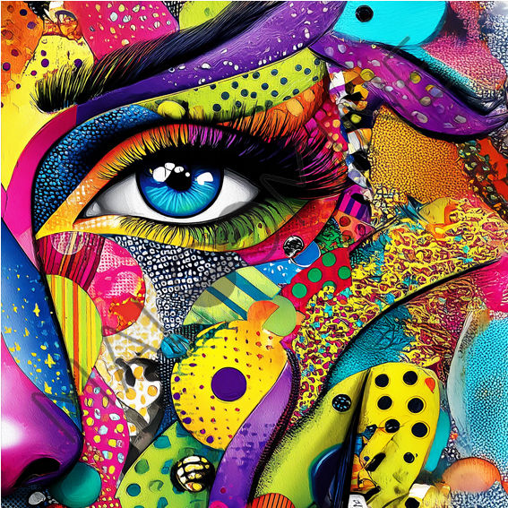 Coupon de tissu imprimé pop-art, motif abstrait multicolore avec un grand œil bleu entouré de formes et textures vives.