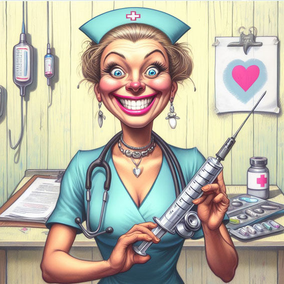 Illustration humoristique d’une infirmière cartoon souriante avec une énorme seringue, dans un cabinet médical coloré.