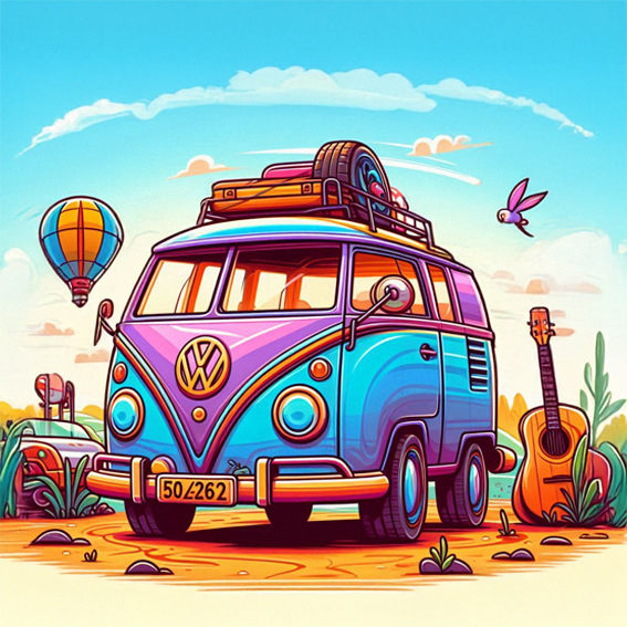 Coupon de tissu imprimé d’un Combi VW cartoon très coloré dans un paysage d’été avec guitare, ballon et oiseau, ambiance joye