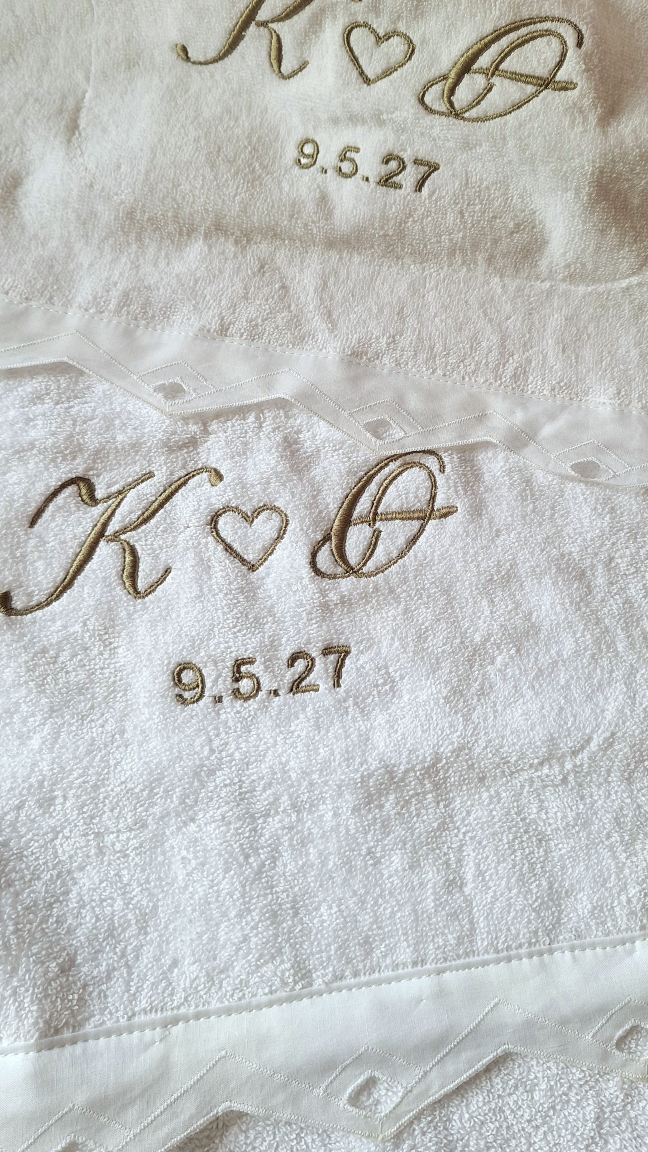 Bride and Grooms custom embroidered hand towel set, lace edged