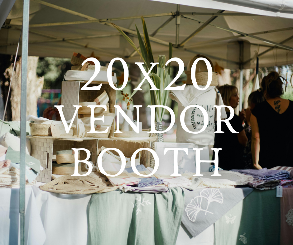 Vendor booth in the background and the words "20x20 Vendor Booth" centered in white text.