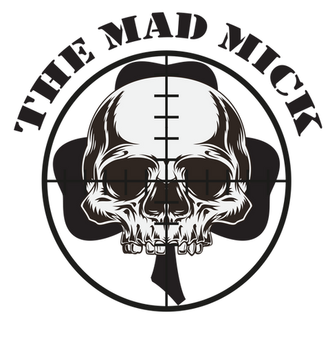 "THE MAD MICK" written in text curved across the top. Circle with a scope overlay underneath. Behind the scope a skull vector and a shamrock shape behind that.
