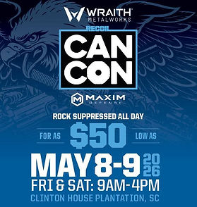Promotional flyer for CANCON East 2026 at Clinton House Plantation, SC. Features a large dark blue background with a fierce eagle graphic with outstretched wings. Central white-bordered box reads 'RECOIL CANCON' in bold white letters. Top text: 'WRAITH METALWORKS RECOIL CANCON'. Sponsors logos for Wraith Metalworks and Maxim Defense. Main headline: 'ROCK SUPPRESSED ALL DAY FOR AS LOW AS $50'. Dates: 'MAY 8-9 2026' in large white text, with 'FRI & SAT: 9AM-4PM' and location 'CLINTON HOUSE PLANTATION, SC' below.