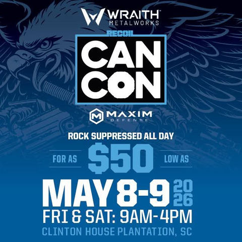 Promotional flyer for CANCON East 2026 at Clinton House Plantation, SC. Features a large dark blue background with a fierce eagle graphic with outstretched wings. Central white-bordered box reads 'RECOIL CANCON' in bold white letters. Top text: 'WRAITH METALWORKS RECOIL CANCON'. Sponsors logos for Wraith Metalworks and Maxim Defense. Main headline: 'ROCK SUPPRESSED ALL DAY FOR AS LOW AS $50'. Dates: 'MAY 8-9 2026' in large white text, with 'FRI & SAT: 9AM-4PM' and location 'CLINTON HOUSE PLANTATION, SC' below.