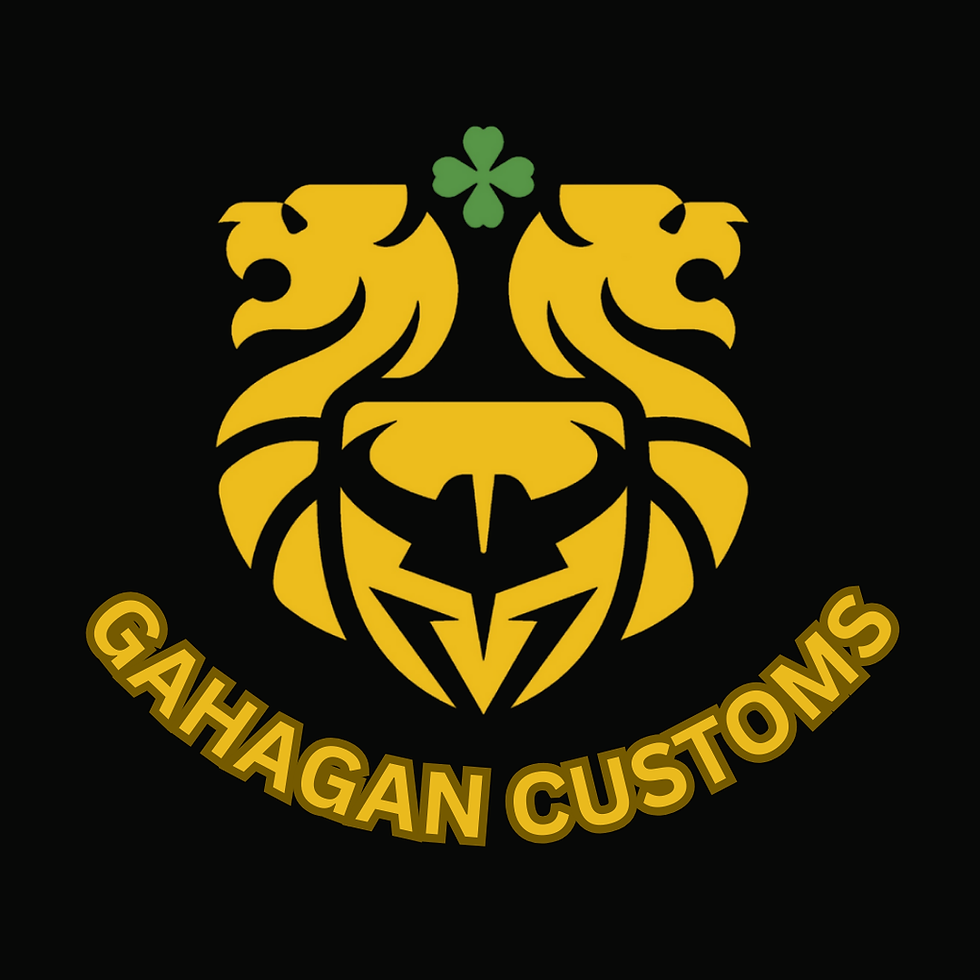 Gahagan Customs logo: Stylized golden lion crest with shamrock and blade design, veteran-owned custom knife maker and Mountain Readiness Sponsor.
