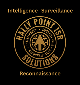 Rally Point ISR Solutions logo featuring a circular gold emblem with an arrow symbol and the words Intelligence, Surveillance, and Reconnaissance on a black background.