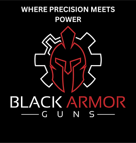 Black Armor Guns logo featuring a Spartan-style helmet inside a gear icon with the tagline “Where Precision Meets Power” on a black background.