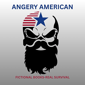 Angery American logo featuring a stylized bearded skull with a blue star and red stripes, representing the Angery American brand focused on fictional books and real-world survival themes.