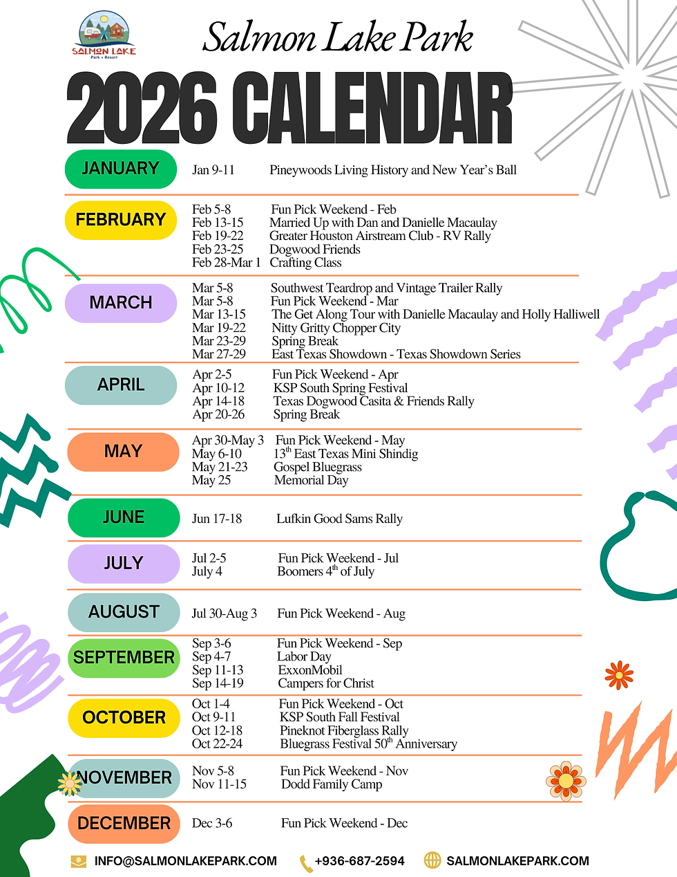 A colorful 2026 calendar graphic for Salmon Lake Park listing monthly events from January through December, including music weekends, RV rallies, festivals, and special gatherings. The design shows each month with dates and event names, along with Salmon Lake Park contact information at the bottom.