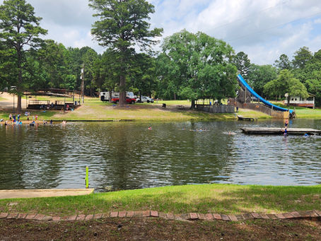People swim and float in a lake at a wooded park, with a blue waterslide, dock, and picnic area under a cloudy sky.