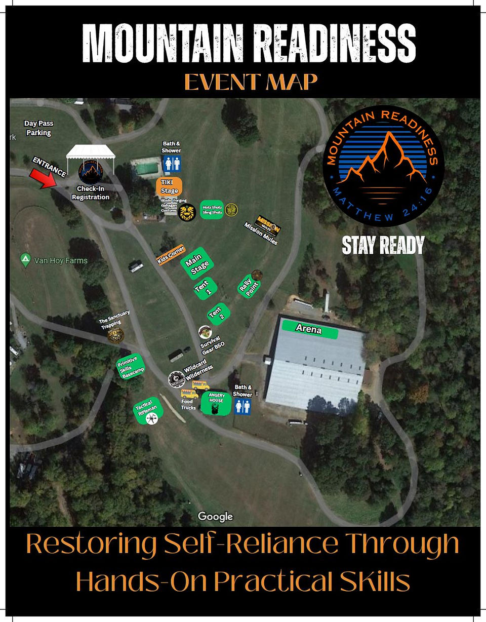 Mountain Readiness Event Map, Stay Ready. Restoring Self-Reliance Through Hands-On Practical Skills. Images and Location labels